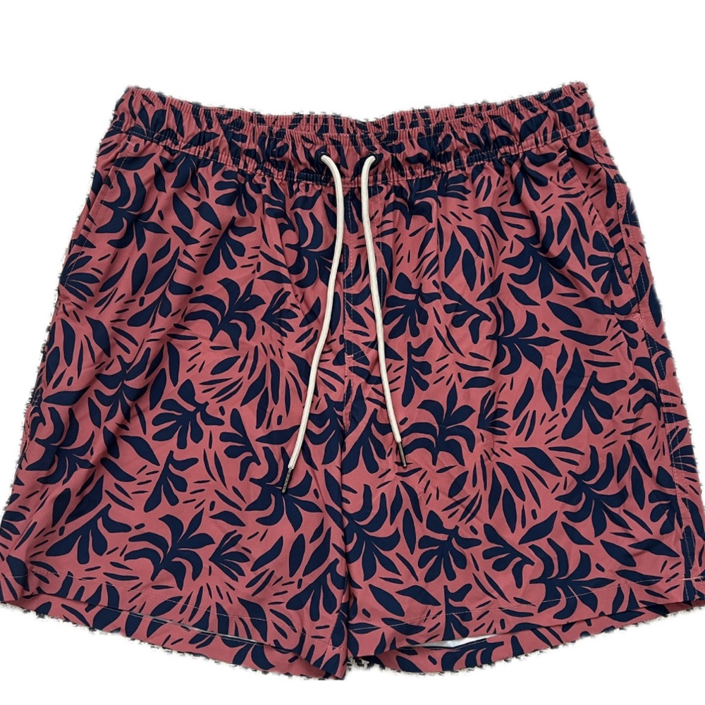 Goodfellow Men’s Swim Trunks - Pre-Owned, Size L, Coral with Navy Leaf Pattern